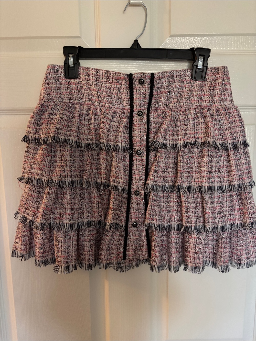 Maje Fringed Tiered Tweed Mini Skirt - Pink and grey new w/out tags